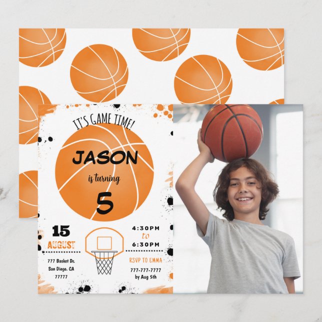 Orange basketball Photo Invitation (Front/Back)