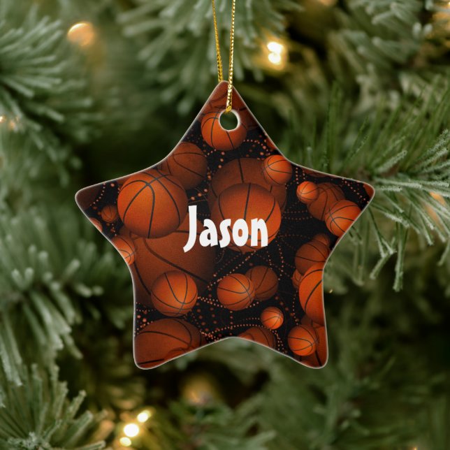 Orange basketballs bouncing everywhere name black ceramic ornament (Tree)