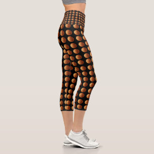 Orange Basketballs On Black, Waist Capris Leggings