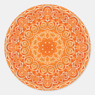 Orange Batik Watercolor Mandala Classic Round Sticker