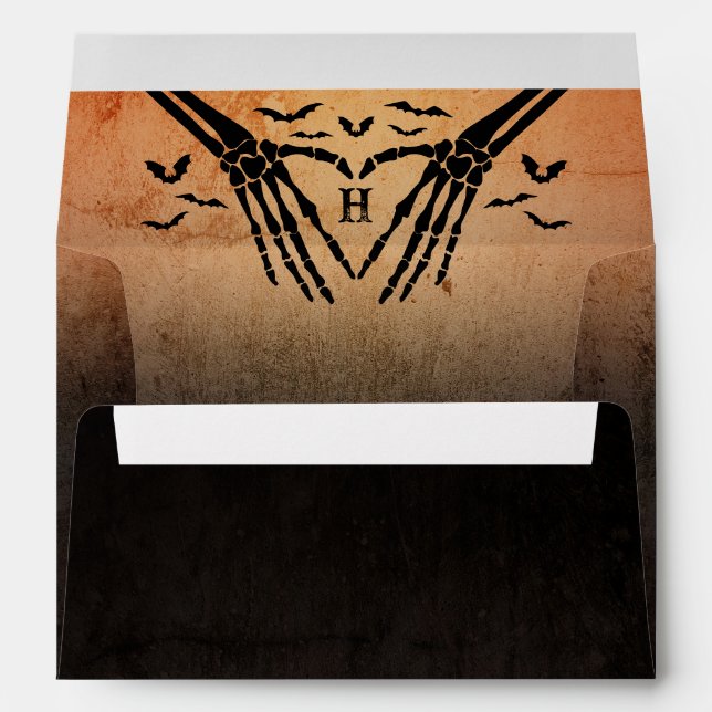 Orange Bats Skeleton Heart Goth Halloween Wedding Envelope (Back (Bottom))