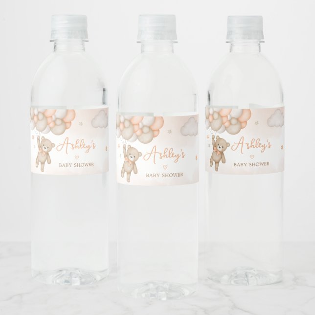 Orange Bear Balloons Baby Shower Water Bottle Label (Bottles)