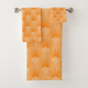 Orange & beige art-deco pattern bath towel set