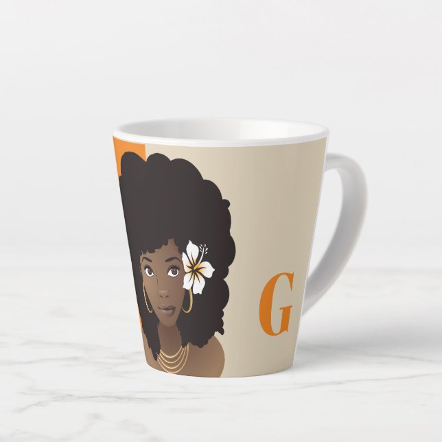 Orange & Beige, Natural Hair Beauty with Flower Latte Mug (Right Angle)