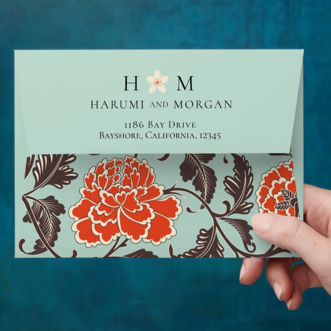 ORANGE BEIGE PEONIES CHINOISERIE ENVELOPE (Hand)