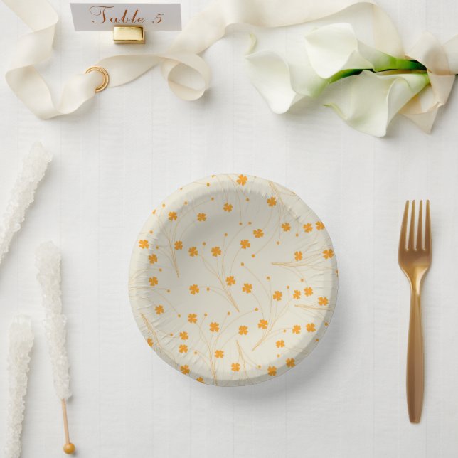 Orange Beige Retro Y2K 70s Flower Pattern Paper Plate (Wedding)