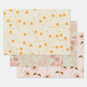 Orange Beige Retro Y2K 70s Flower Pattern Wrapping Paper Sheet