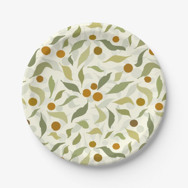 Orange Berries and Leaves on creme - pattern. Paper Plate (Front)