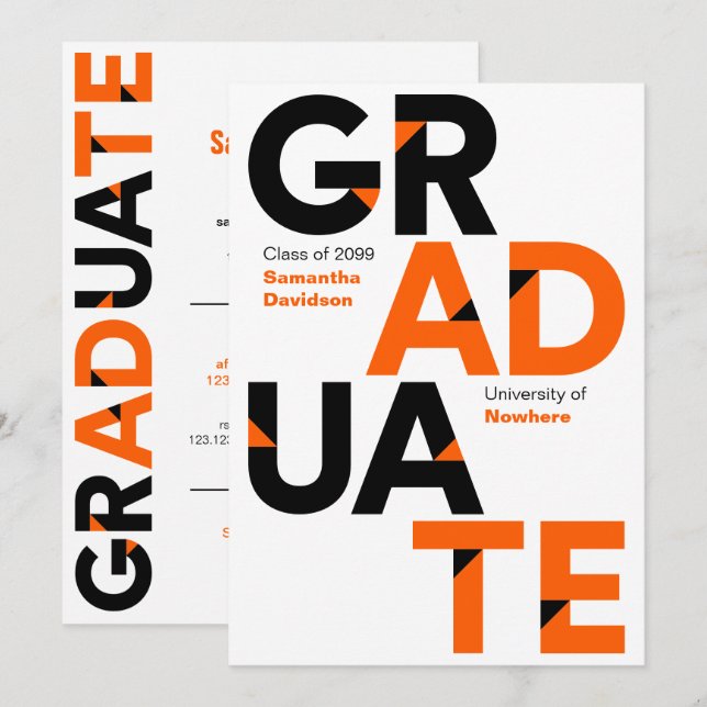 Orange Big Bold Angle-Cut Letters Graduation Invitation (Front/Back)