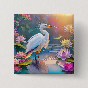 Orange Billed White Heron Fantasy Bird 2 Inch Square Button