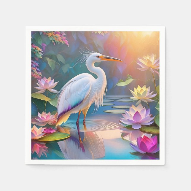 Orange Billed White Heron Fantasy Bird  Napkin (Front)