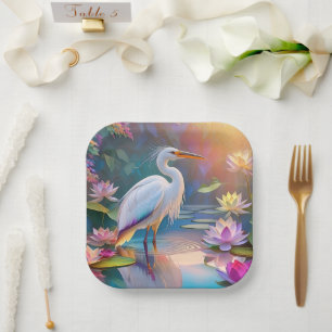 Orange Billed White Heron Fantasy Bird Paper Plate