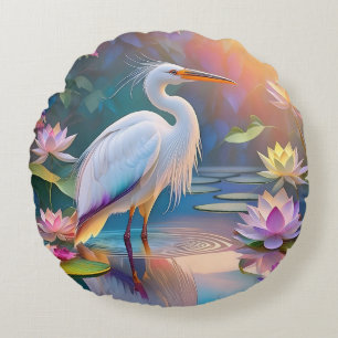Orange Billed White Heron Fantasy Bird  Round Pillow
