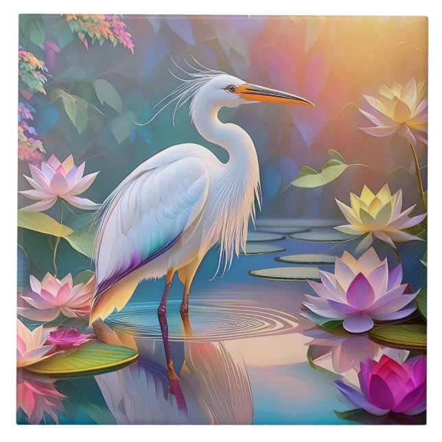 Orange Billed White Heron Fantasy Bird  Tile (Front)