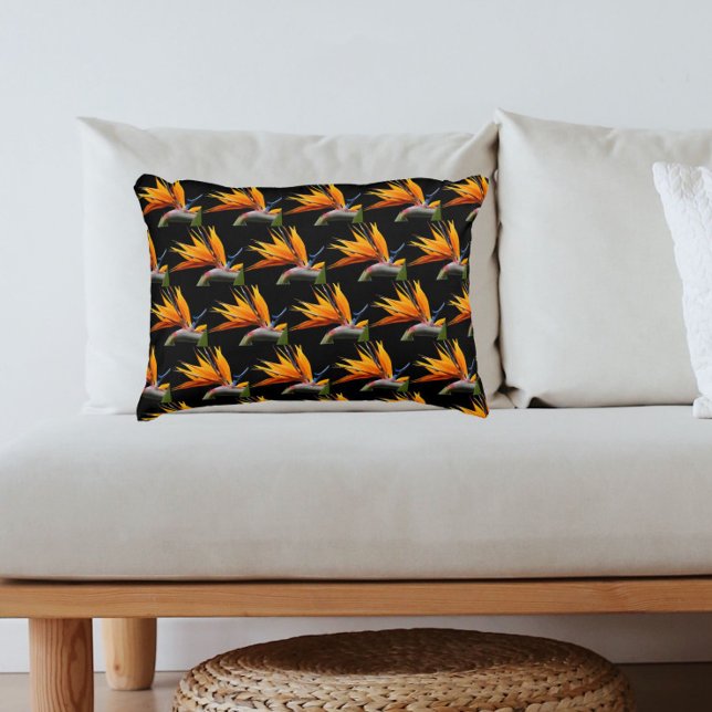 Orange Bird of Paradise Plant Pattern on Black Accent Pillow (In Situ)