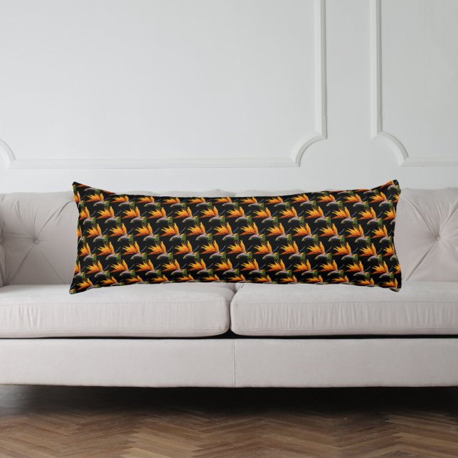 Orange Bird of Paradise Plant Pattern on Black Body Pillow (In Situ)