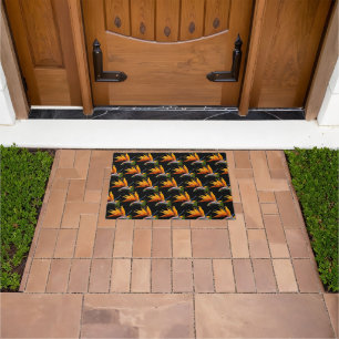 Orange Bird of Paradise Plant Pattern on Black Doormat