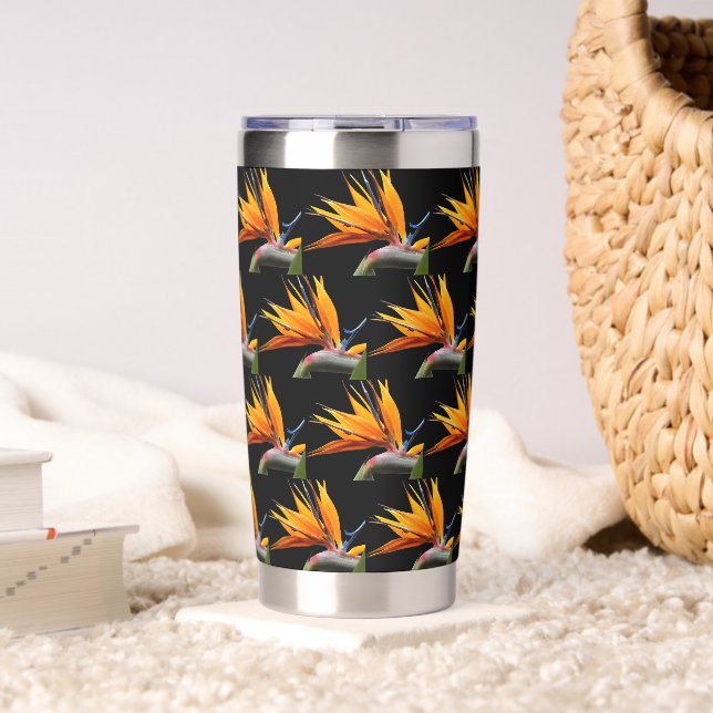 Orange Bird of Paradise Plant Pattern on Black Insulated Tumbler (Living Room (Rotated))