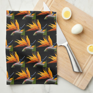 Orange Bird of Paradise Plant Pattern on Black Kitchen Towel