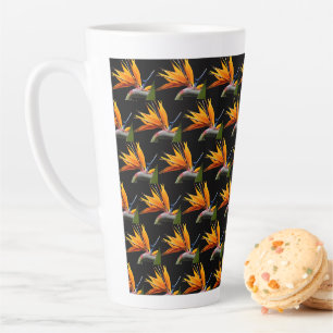 Orange Bird of Paradise Plant Pattern on Black Latte Mug