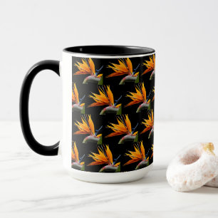 Orange Bird of Paradise Plant Pattern on Black Mug