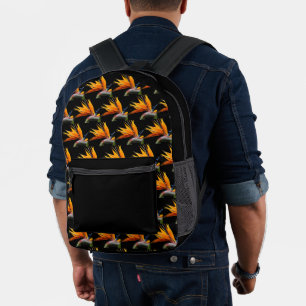 Orange Bird of Paradise Plant Pattern on Black Printed Backpack