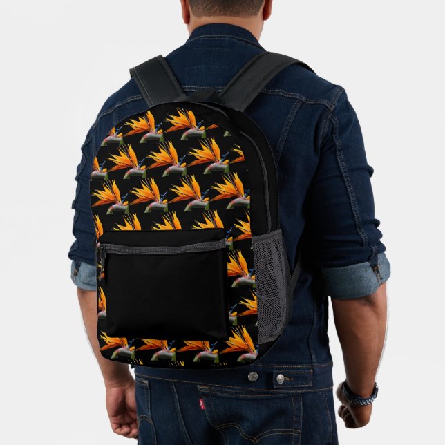 Orange Bird of Paradise Plant Pattern on Black Printed Backpack (Insitu (Model))