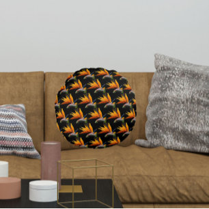 Orange Bird of Paradise Plant Pattern on Black Round Pillow