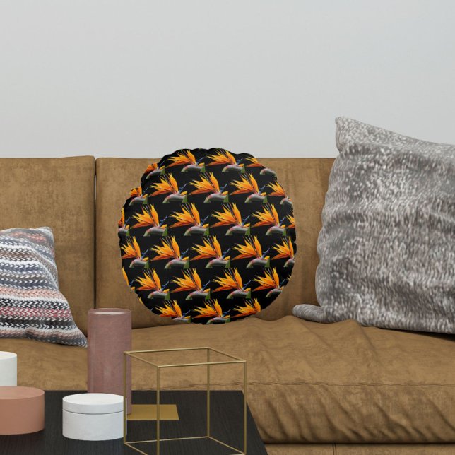 Orange Bird of Paradise Plant Pattern on Black Round Pillow (In Situ)