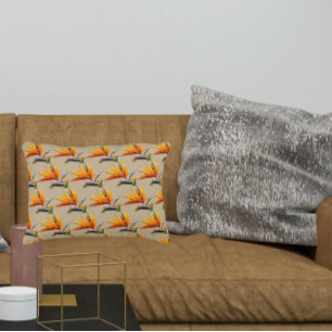 Orange Bird of Paradise Plant Pattern on Khaki Accent Pillow