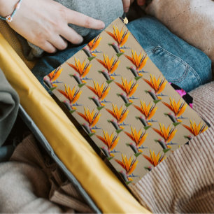 Orange Bird of Paradise Plant Pattern on Khaki Accessory Pouch