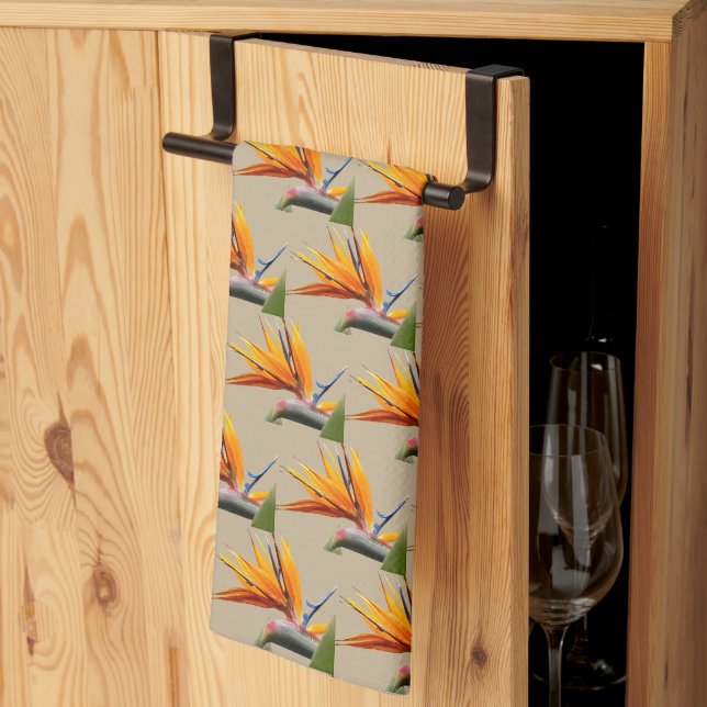 Orange Bird of Paradise Plant Pattern on Khaki Kitchen Towel (Thirds Fold)