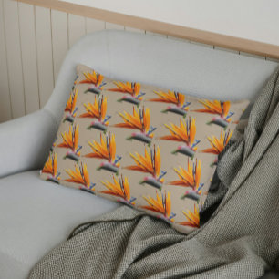 Orange Bird of Paradise Plant Pattern on Khaki Pillowcase