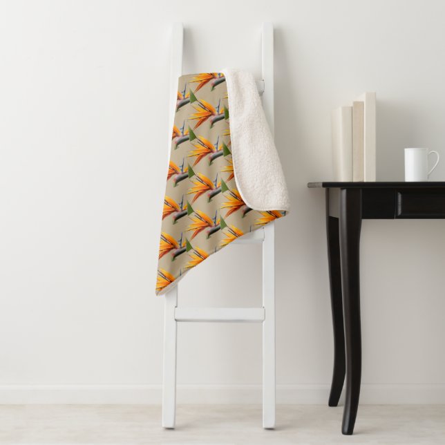 Orange Bird of Paradise Plant Pattern on Khaki Sherpa Blanket (In Situ)