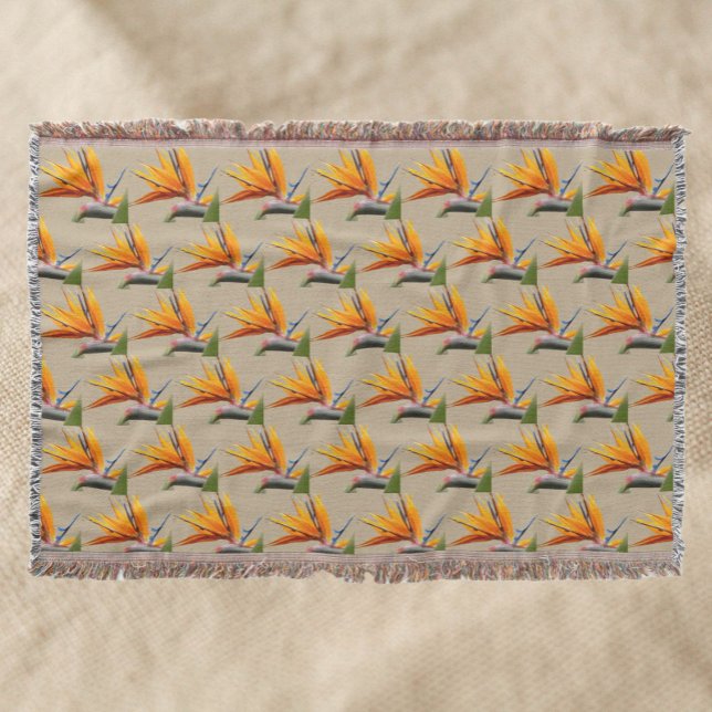 Orange Bird of Paradise Plant Pattern on Khaki Throw Blanket (In Situ)