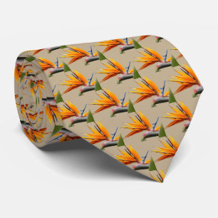 Orange Bird of Paradise Plant Pattern on Khaki Tie