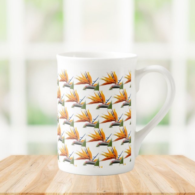 Orange Bird of Paradise Plant Pattern on White Bone China Mug (In Situ)