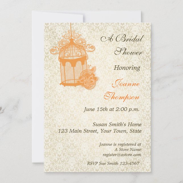 Orange Birdcage, Ivory Damask Invitation (Front)