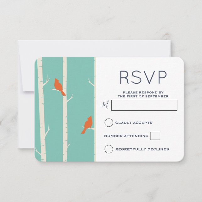 Orange Birds on Birch Tree Illustration RSVP Card (Front)