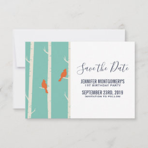 Orange Birds on Birch Tree Illustration Save The Date