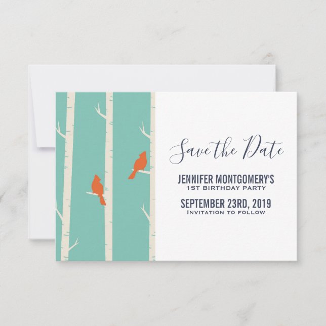 Orange Birds on Birch Tree Illustration Save The Date (Front)