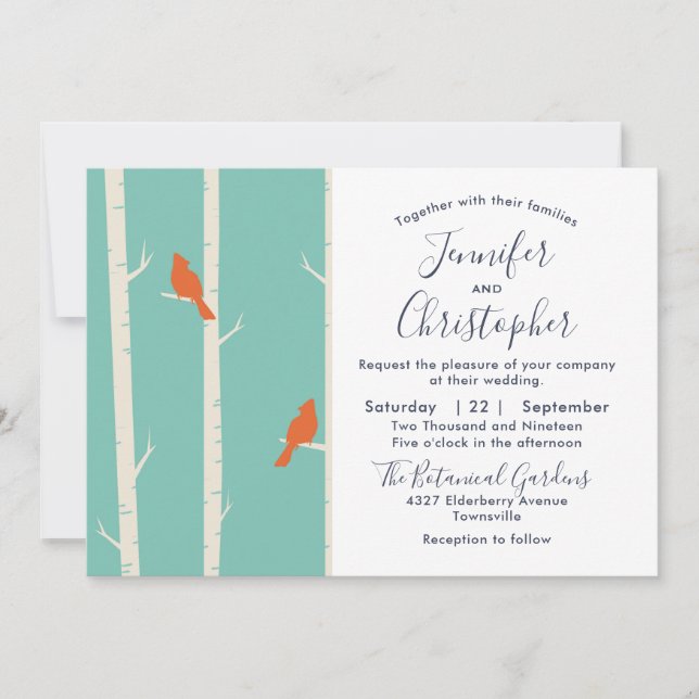Orange Birds on Birch Tree Illustration Wedding Invitation (Front)