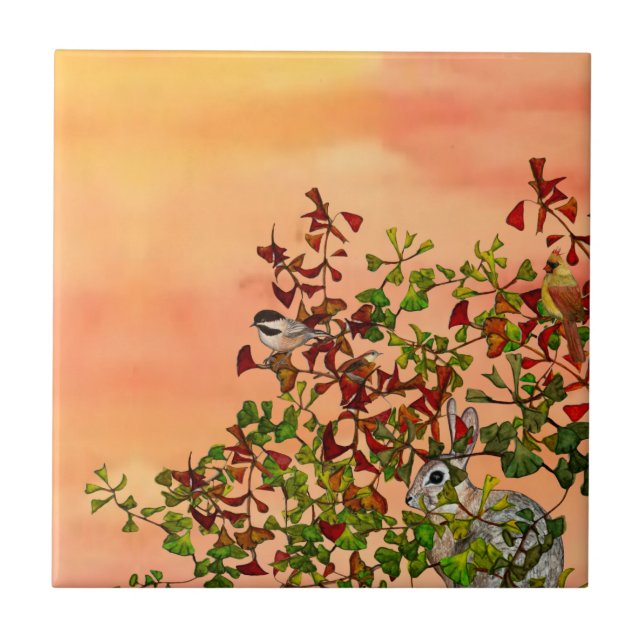 Orange Birds Rabbit Autumn Foliage Tile (Front)