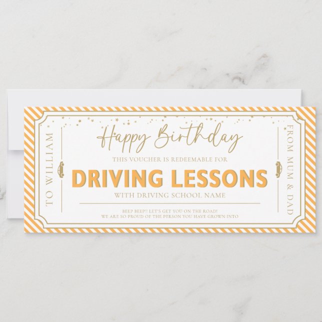 Orange Birthday Driving Lessons Gift Voucher Card (Front)