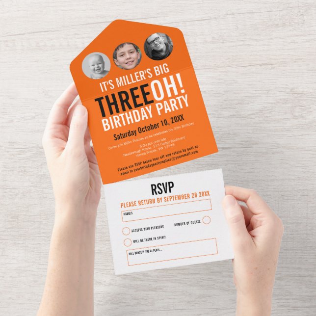 Orange black 30th Birthday party custom photos All In One Invitation (Tearaway)