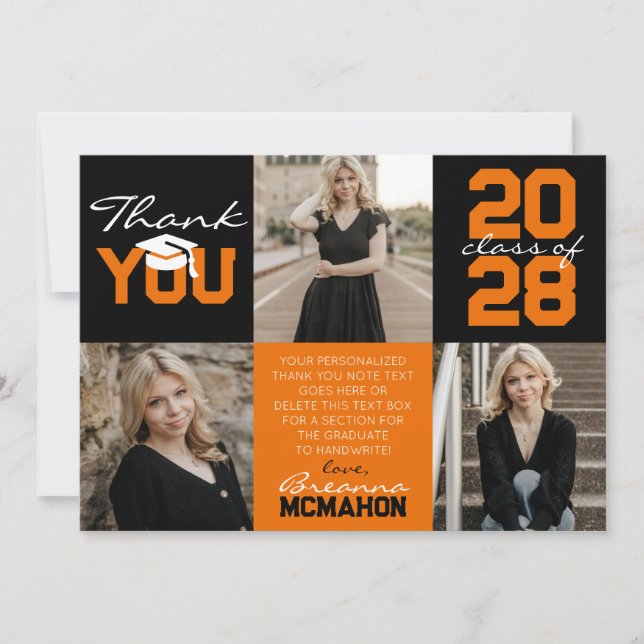 Orange & Black 3 Photo Graduation Thank You Invitation
