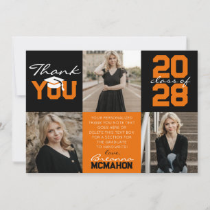 Orange & Black 3 Photo Graduation Thank You Invitation