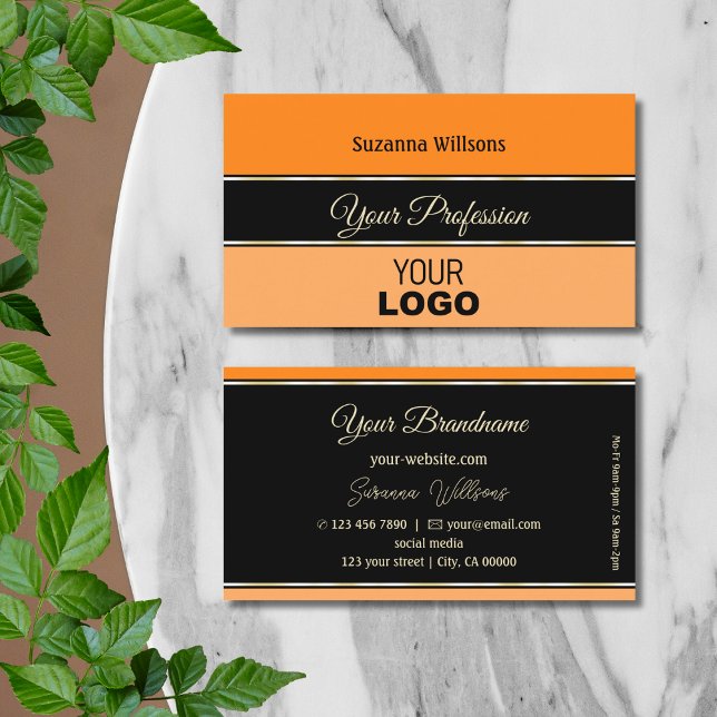 Orange Black and Peach Stripes Stylish with Logo Business Card (Creator Uploaded)