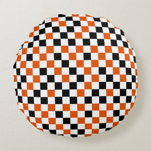 Orange Black and White Chequered Round Pillow