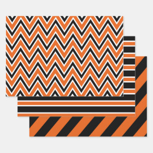 Orange, Black, and White Chevron & Stripe Patterns Wrapping Paper Sheet